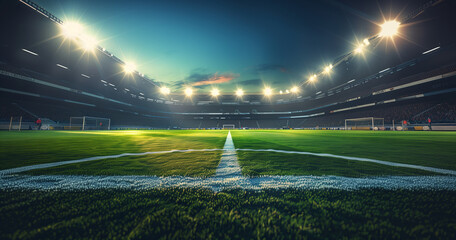 football stadium at night, illuminated by bright lights and spotlights