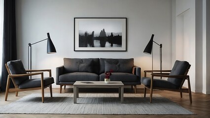 Living room interior with white sofa, coffee table, armchairs and mock up poster.