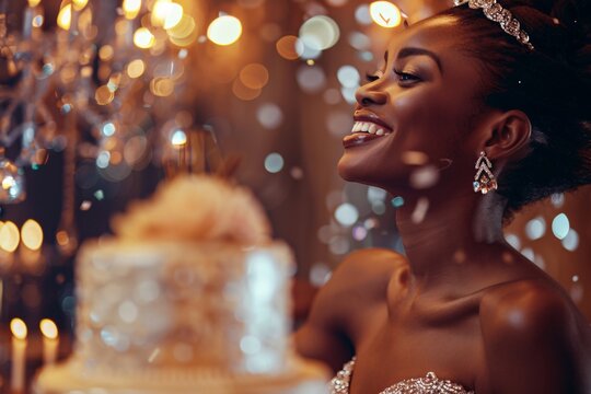 A sophisticated birthday soirée for an esteemed young black woman, featuring exquisite details and upscale ambiance, captured in a close-up shot showcasing the celebrant's jubilant expression