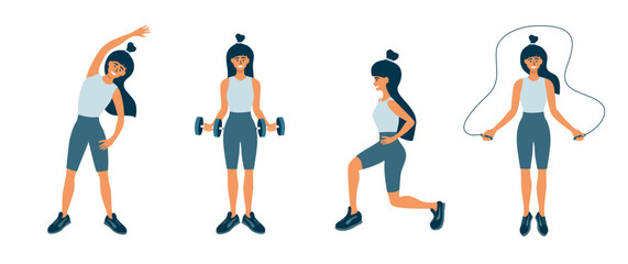 Fototapeta na wymiar Physical activity, fitness training, gym workout set isolated vector illustrations. Woman doing different sport exercises, lunges, side bend, jump with rope, dumbbell work. Active female healthy life