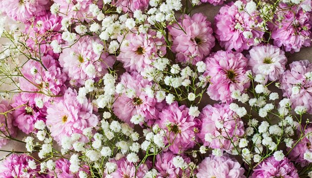 beautiful flower background of pink gypsophila flowers flat lay top view floral pattern