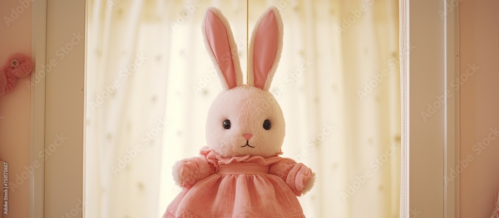 Poster a pink fawn rabbit with long ears and whiskers is standing in front of a window. its soft fur and cu