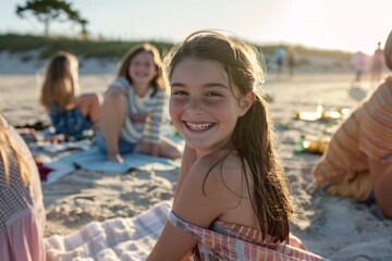Fototapeta na wymiar A smiling girl with a beach towel spread out on the sand, basking in the warmth of the sun's rays as she enjoys a leisurely picnic with family and friends, laughter and conversation filling the air