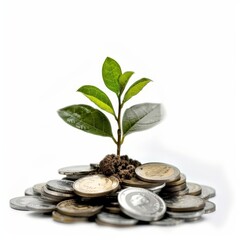 A plant is growing on top of a pile of coins