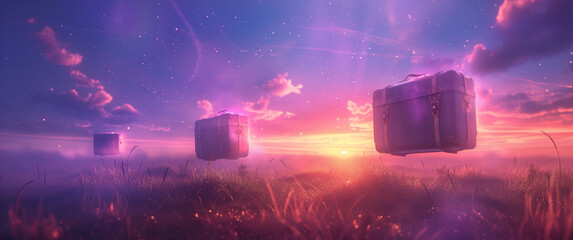 Three suitcases levitating over a field at sunset. Travel concept - obrazy, fototapety, plakaty