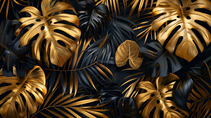 Tropical leaves gold and black, Dark Monstera, palm graphic design, Minimal summer abstract jungle forest pattern, exotic botanical design cosmetics