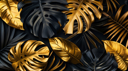 Tropical leaves gold and black, Dark Monstera, palm graphic design, Minimal summer abstract jungle forest pattern, exotic botanical design cosmetics