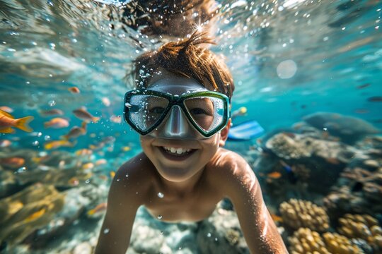 A young boy with a snorkel mask and fins, peering beneath the surface of the water to marvel at the vibrant marine life of a bustling coral reef, his face alive with wonder and awe