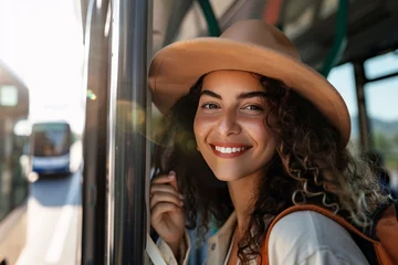 Foto op Canvas A smiling adult woman boarding a bus for her vacation journey, her eyes sparkling with excitement as she steps onto the vehicle, ready for the adventures that await her © Maelgoa