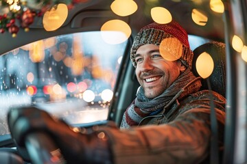 A smiling man driving a car, adorned with festive decorations, setting off for a holiday filled with joy and laughter - obrazy, fototapety, plakaty