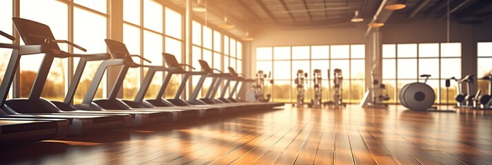 Blurred large gym with exercise equipment with sunlight, banner - obrazy, fototapety, plakaty