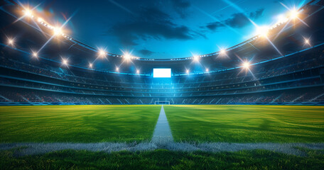 football stadium at night, illuminated by bright lights and spotlights
