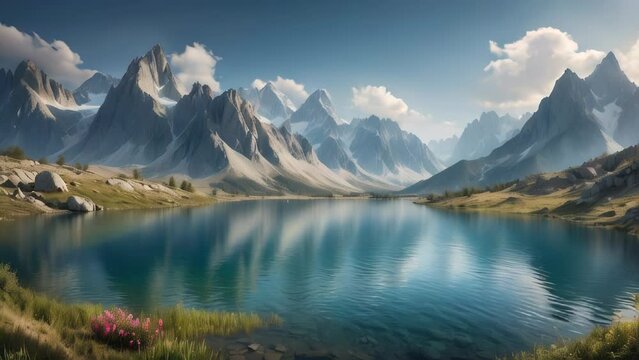 Beautiful landscape with mountains and lake