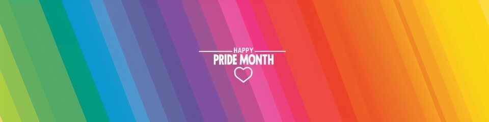 Pride Day themed rainbow gradient background with the text "HAPPY PRIDE MONTH" and an outline of heart in white on one side, rainbow gradient, pride flag colours, minimal design Generative AI
