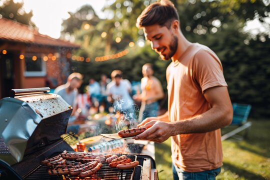 A man celebrating his birthday with a barbecue party in his backyard, grilling burgers and hot dogs while surrounded by friends and family enjoying the sunny weather