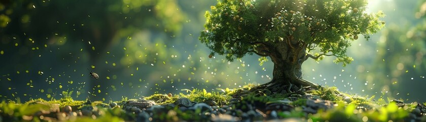 Enter the enchanting world where a tiny seed transforms into a mighty tree providing shelter and sustenance for countless creatures - obrazy, fototapety, plakaty