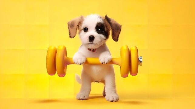 Cute Puppy Dog Doing Sport Exercise with Dumbbell

