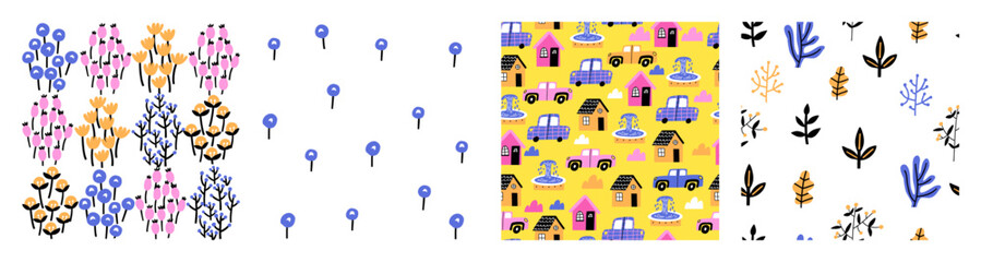 A set of bright patterns with spring motifs. Flowers, cars, houses, butterflies. Vector illustration in flat style.