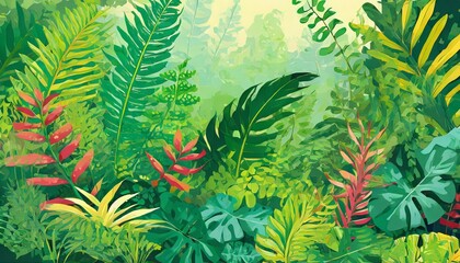 Fototapeta na wymiar illustration of tropical fern bushes background lush green foliage in the rain forest with nature plant tree