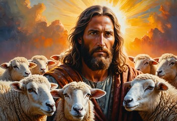 Jesus christ the shepherd and his sheep - obrazy, fototapety, plakaty