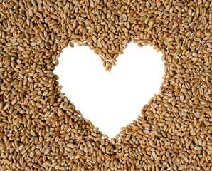 Heart frame of wheat. Wheat seeds. Grains. Copy space.