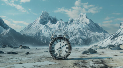 A giant clock in front of the mountains time is running out - obrazy, fototapety, plakaty