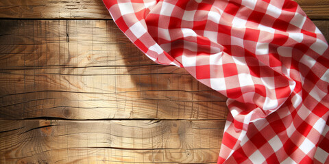 Obraz premium A red and white checkered tablecloth on a wooden background with copy space, banner