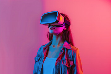 Fille avec casque VR fond rose - obrazy, fototapety, plakaty