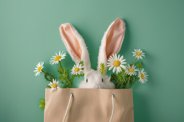 Cute bunny in a bag on a green background with daisies.  Easter- spring theme, Generative Ai - 758173660