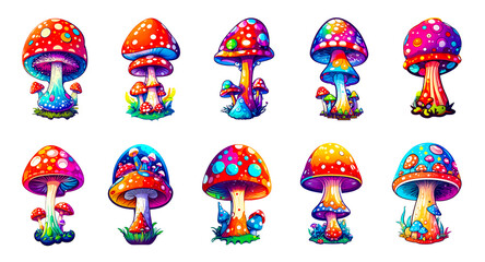 Fototapeta premium Set of different mushrooms. Mystical collection with magic mushrooms. Decorative garish rainbow colors vector elements