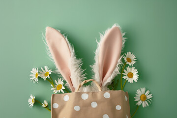 Cute bunny in a bag on a green background with daisies.  Easter- spring theme, Generative Ai - 758173676