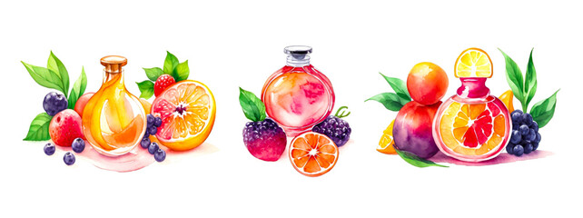 Collection of Fruit Women's Perfume Bottles. Set of female perfume bottles, on white background. Beautiful fashionable glass accessory. Watercolor style
