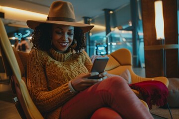 A cheerful black woman checking her phone in the airport lounge, her birthday itinerary planned out for a day of celebration