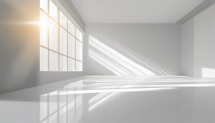 empty white interior room background template with sun shining thru large window on the left modern architecture template background