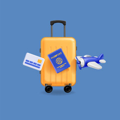 luggage or baggage, airplane, credit card and passport. Tourism advertising. Travel concept. Vector 3d on blue background - 758174221