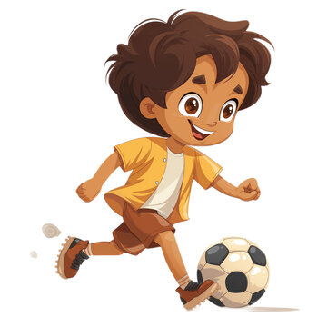 Illustration. Young Boy Enjoying a Game of Football, Dribbling and Kicking the Ball with Enthusiasm, Against a Clean White Background