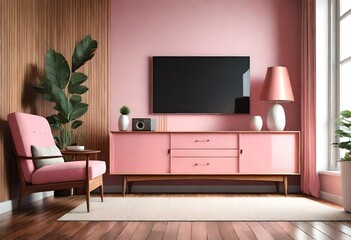 Mid Century Modern Living room .Wood TV cabinet with white wall mounted,pink sofa on wood floor ,3d rendering   