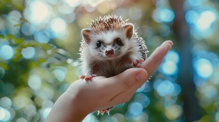 Gently cradled hedgehog in hands against soft, blurred background, adorable animal scene