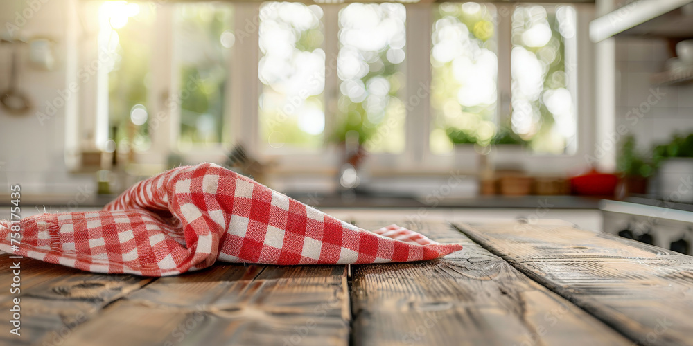 Poster empty beautiful wood table top counter with red and white checkered tablecloth and blur bokeh modern