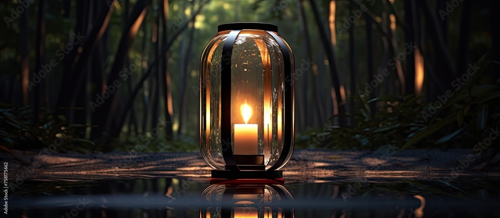 Poster a candle inside a lantern illuminates the dark forest, casting shadows on the surrounding trees and 