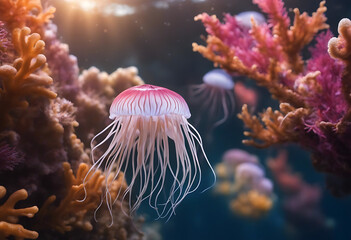 Luminous Jellyfish Glide Through the Abyss of the Deep Blue Ocean. Ethereal Jellyfish Dance in the...