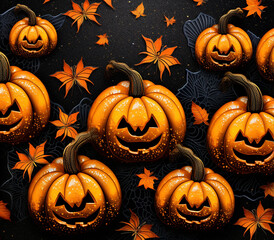 seamless design Pumpkins orange bats made from glitter elements spider webs and sunflowers and fall leaves created with Generative Ai