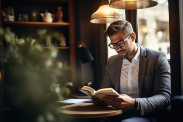 Confident young businessman sitting at a modern indoor office table, reading a book using a laptop.