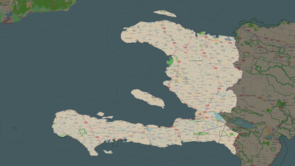 Haiti highlighted. OSM Topographic French style map © zelwanka