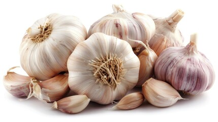 Fresh garlic close up shots isolated on a white background, suitable for culinary purposes