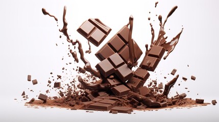 Delicious Chocolate Bar Pieces Falling into Chocolate Sauce

