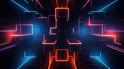 Geometric background with neon outlines and depth perspective - obrazy, fototapety, plakaty