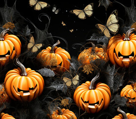 seamless design Pumpkins orange bats made from glitter elements spider webs and sunflowers and fall leaves created with Generative Ai