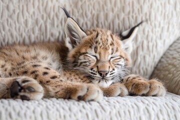 Obraz premium A lynx cub lies and sleeps on a bed or sofa at home.