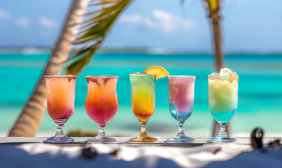 Variety of coctails and alcoholic drinks and multi colored on the reflective wooden surface of bar counter. Blurred cristal clear water white sand beach on background at summer 